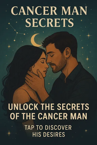 Zodiac Man Secrets - Loving couple in an emotional embrace under moonlight, with Cancer constellation shining above.