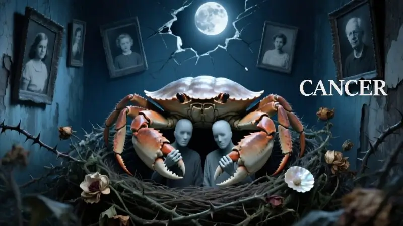 A November Horoscope Secrets scene featuring a large crab with a protective shell sitting in a suffocating overgrown nest of thorny vines and dead flowers, its claws grasping faceless figures that are both protected and trapped. Crooked family portraits with blurred faces hang on decaying walls. Lunar silver, deep ocean blues, mother-of-pearl whites, and sickly pale greens under melancholic November moonlight illustrate the Cancer theme of emotional manipulation disguised as care and the need to be needed.
