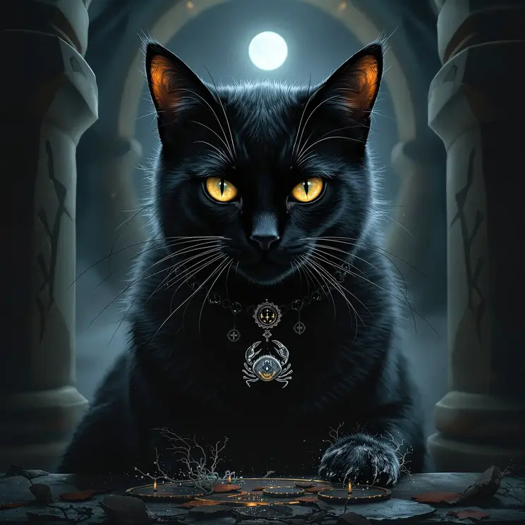 The War Maiden Cancer black cat with protective fierce energy guarding sacred space