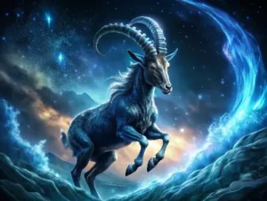 Stone goat climbing a frozen cliff, chained by ambition, horns lit by starlight.