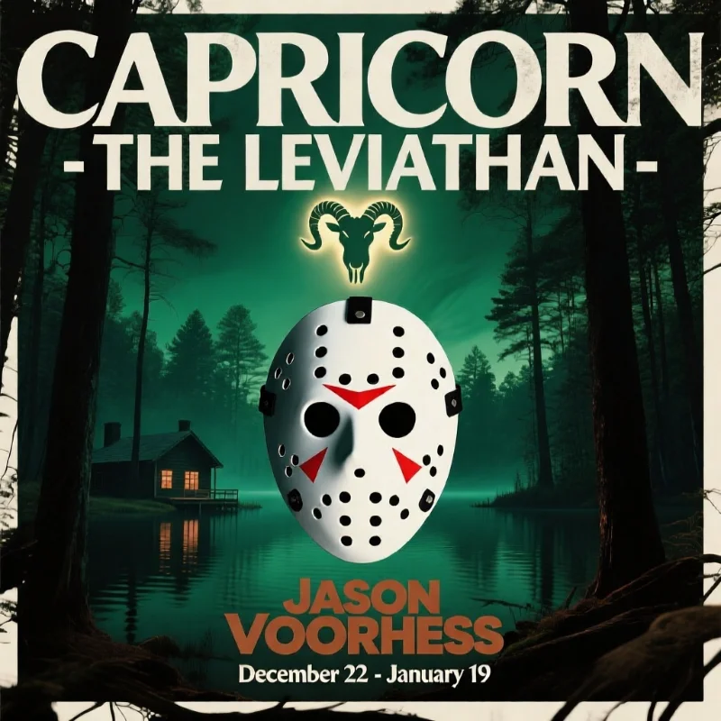 Capricorn zodiac sign as Jason Voorhees from Friday the 13th - The Leviathan horror villain with goat symbol and hockey mask
