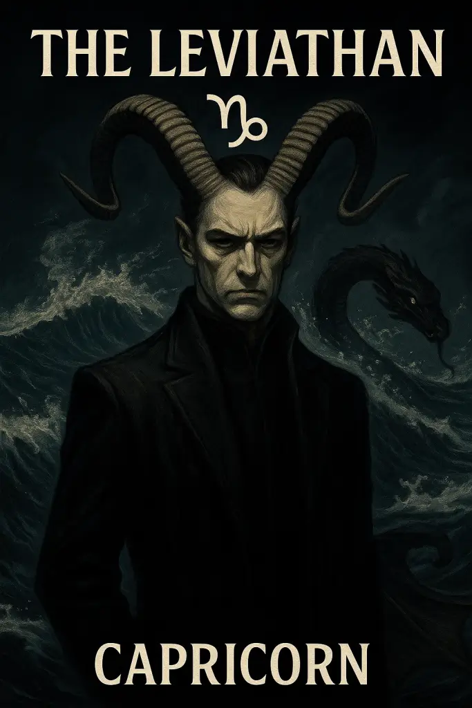 Dark fantasy illustration of Capricorn as The Leviathan, a horned figure standing before crashing waves, evoking ancient power, ambition, and submerged terror.