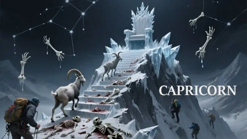 A dark astrology scene depicting a mountain goat climbing an impossibly steep crumbling mountain toward a throne at the summit made of ice and bones. The path is littered with sacrificed relationships, abandoned joys, and corpses of who they used to be. The empty frozen throne overlooks a kingdom of nothing while other fallen climbers' frozen hands reach upward. The mountain of crystallized ambition and frozen tears in steely silver, cold slate gray, corporate blacks, and frost whites illustrates the Capricorn theme of ruthless ambition's price and achieving everything while losing yourself.