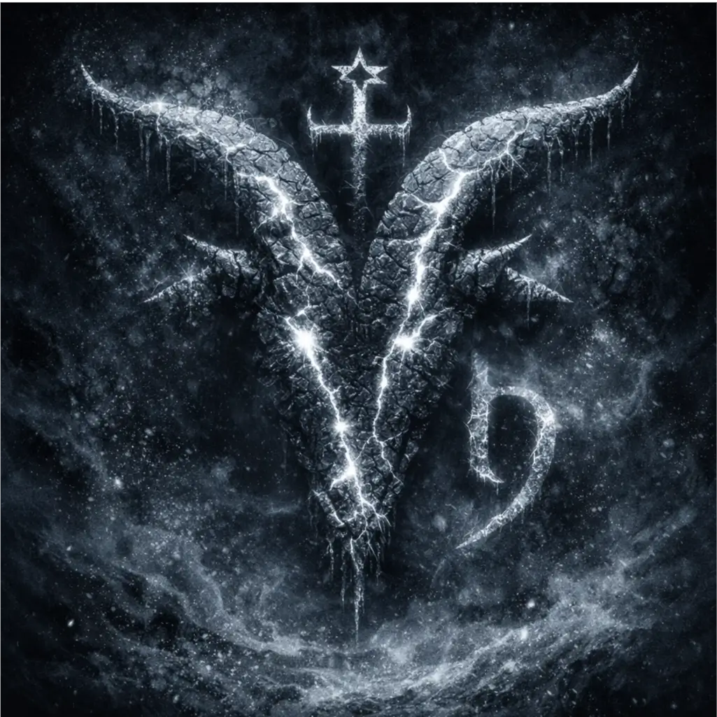 Corrupted Capricorn sigil shaped like a jagged, frozen horn glowing icy silver and charcoal.