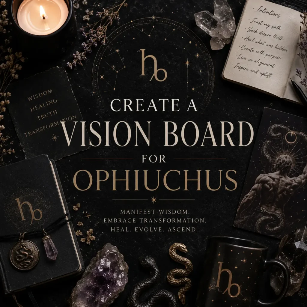 Dark mystical vision board for Ophiuchus featuring serpent symbolism, crystals, candles, affirmations, and celestial imagery focused on healing, transformation, wisdom, and manifestation.