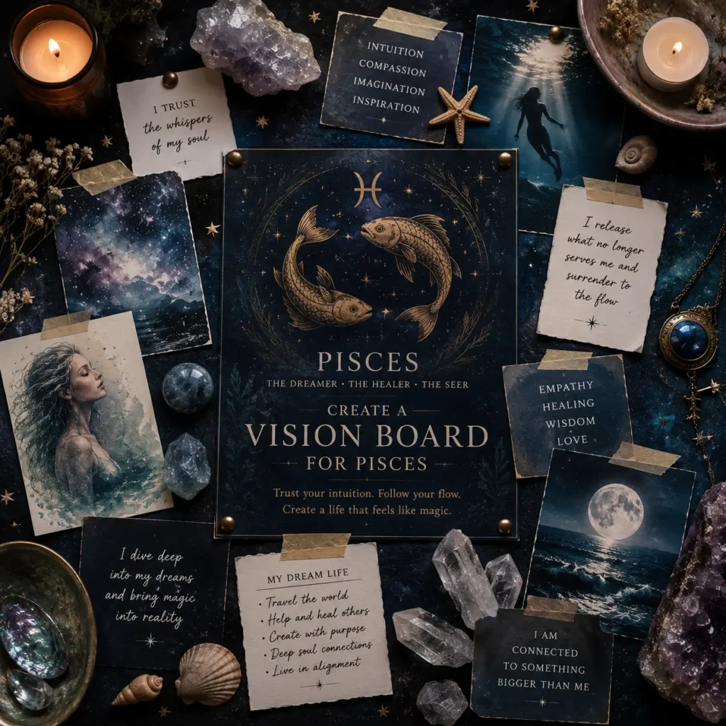 Square feature image of a Pisces vision board with ocean-inspired artwork, fish symbolism, crystals, seashells, candles, affirmations, and dreamy celestial elements representing intuition, creativity, healing, and manifestation.