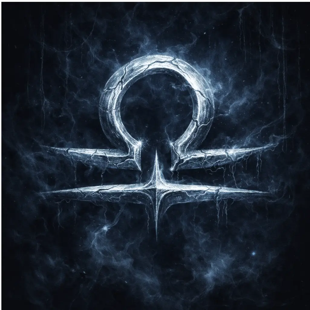 Corrupted Libra sigil with bent, uneven lines glowing silver and shadow‑blue, surrounded by mist and faint cracks.