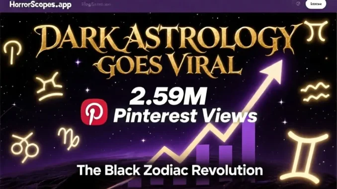 Dark astrology viral success - 2.59M Pinterest views blog post header with Black Zodiac revolution theme