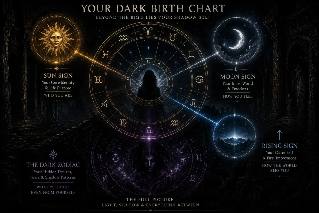 Dark fantasy illustration showing a mystical birth chart with the Sun Sign, Moon Sign and Rising Sign connected to a hidden Dark Zodiac beneath the surface, symbolising the shadow self beyond traditional astrology.