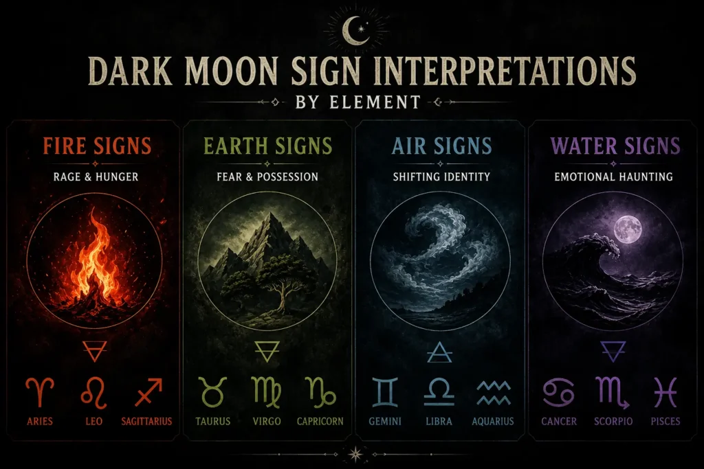 Illustration showing the four elements of Dark Moon Sign Interpretations: Fire, Earth, Air, and Water, with their corresponding zodiac signs and hidden emotional themes.