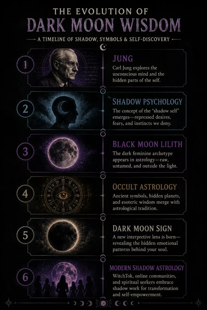 Timeline illustrating the evolution of Dark Moon Sign interpretations from Carl Jung and shadow psychology through Black Moon Lilith, occult astrology, and modern shadow astrology.