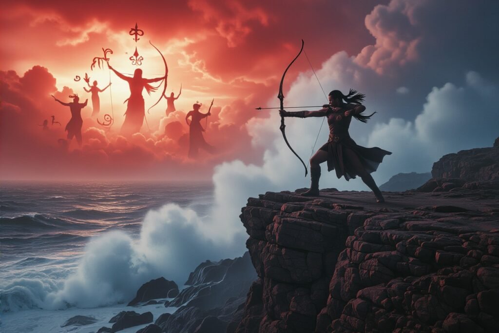 horrorscopes for august image of an archer firing into the mists watched by other archers