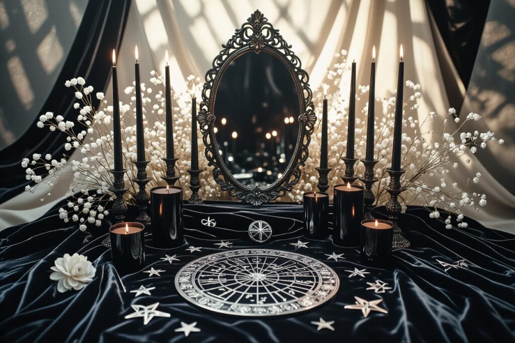 horrorscopes for august image shows a dark mirror on a dark alter with dark candles
