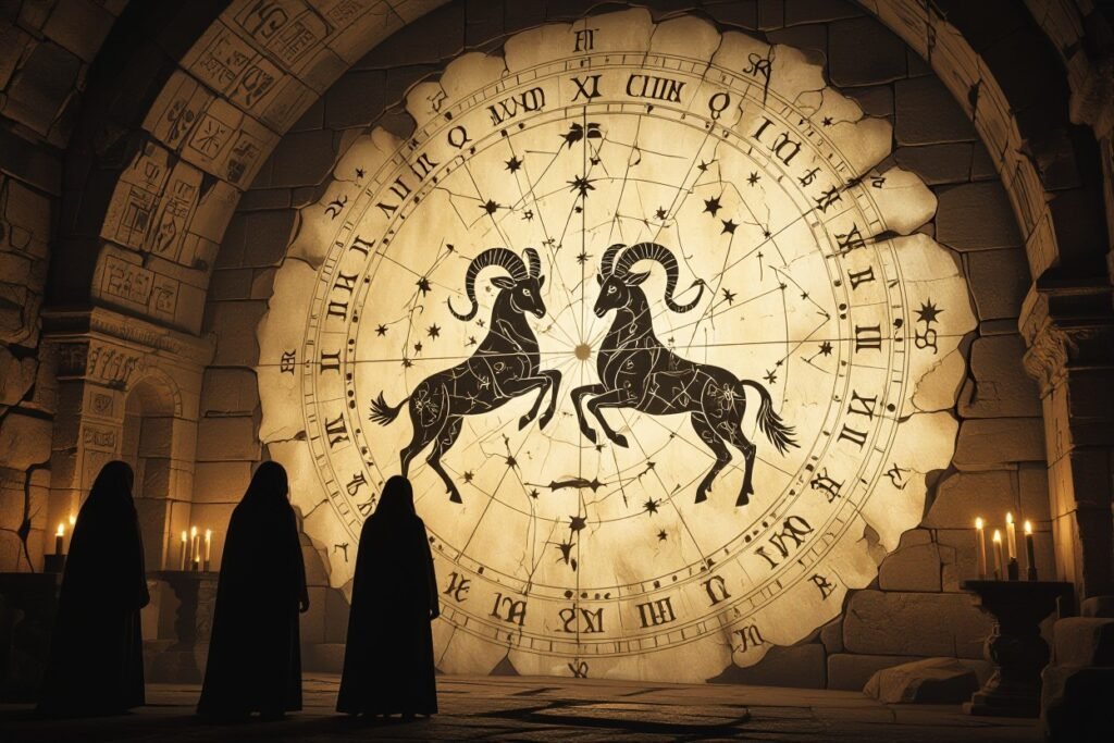 horrorscopes for august - 3 cloaked figures examining a zodiac wheel with 2 jousting rams