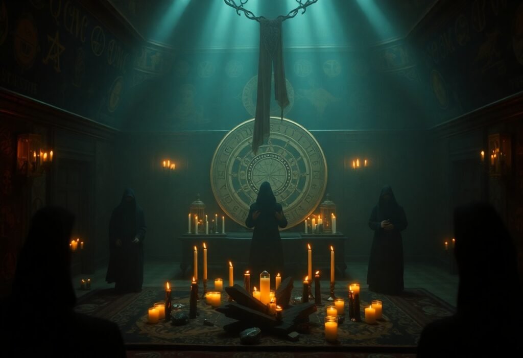 dark cloaked men at a zodiac alter doing Dark Zodiac Rituals for June