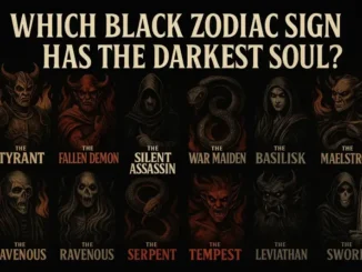 Dark zodiac-themed illustration asking "Which Black Zodiac Sign Has the Darkest Soul?" with gothic depictions of all 12 signs in shadowy tones.