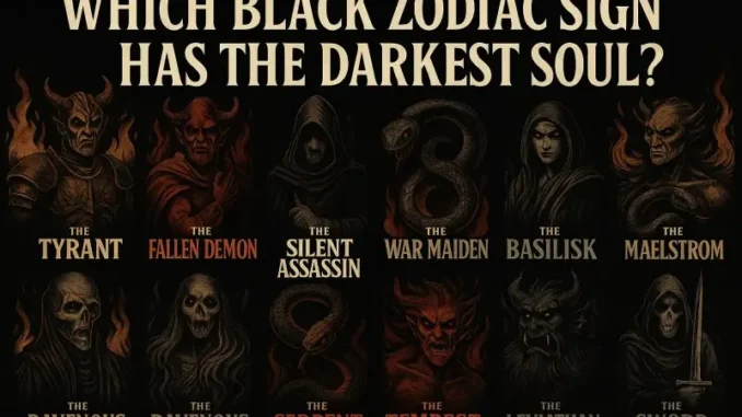 Dark zodiac-themed illustration asking "Which Black Zodiac Sign Has the Darkest Soul?" with gothic depictions of all 12 signs in shadowy tones.