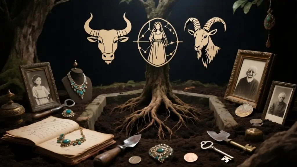Dark astrology earth signs ritual space showing Taurus, Virgo, and Capricorn symbols rooted in ancient earth with family heirlooms, vintage jewelry, worn tools, old photographs, and physical offerings representing how earth signs honor ancestors through tangible practice. from the post on How to Communicate with Ancestors by Zodiac Sign