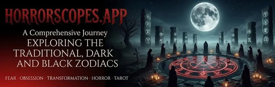 Dark occult horizontal banner for Horrorscopes.app featuring a moonlit ritual circle with hooded figures, glowing red sigils, stone monoliths with zodiac symbols, and the title Exploring the Traditional, Dark, and Black Zodiacs.
