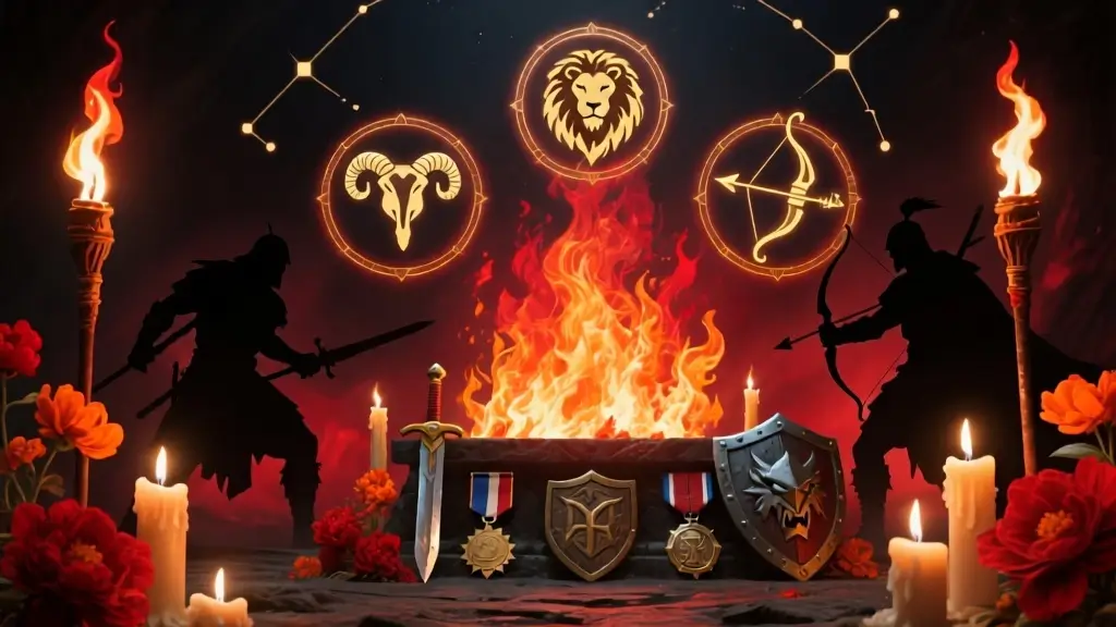 Dark astrology fire signs altar showing Aries, Leo, and Sagittarius symbols surrounded by blazing flames, warrior ancestor silhouettes, torches, and fierce protective energy representing how fire signs connect with ancestors through passion and bold action. from the post on How to Communicate with Ancestors by Zodiac Sign