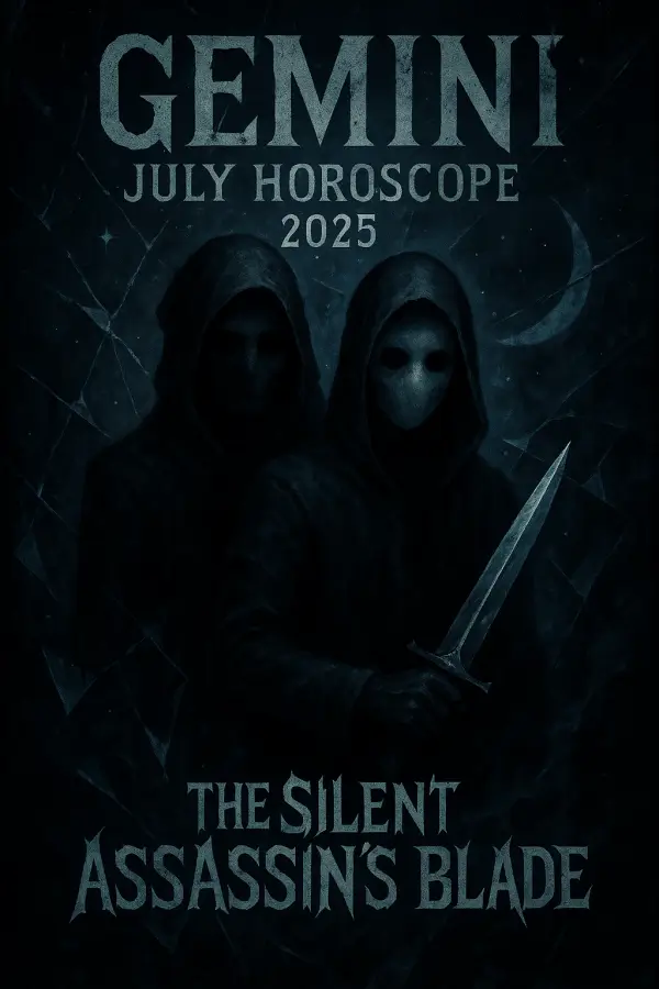 Gemini July Horoscope 2025 featuring twin figures symbolizing duality, with eerie, glowing elements and sharp blades.
