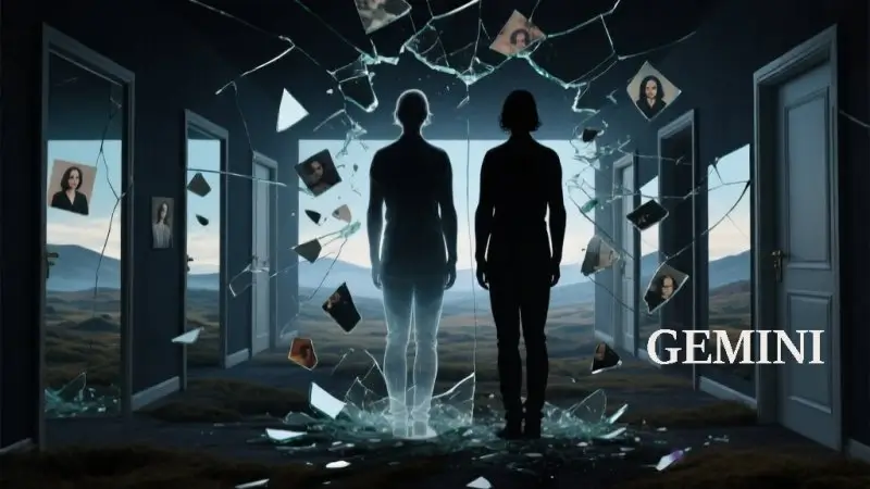 A November Horoscope Secrets landscape showing two mirrored figures standing back-to-back in a fractured hall of mirrors, with shattered glass fragments floating in air reflecting different versions of the same person. The twins appear as shadowy silhouettes with surreal multiple doorways leading to different realities. Mercurial silver and quicksilver tones with shifting blues, grays, and iridescent purple capture the Gemini theme of duality, fragmentation, and the maze of self-deception under a split November moon.