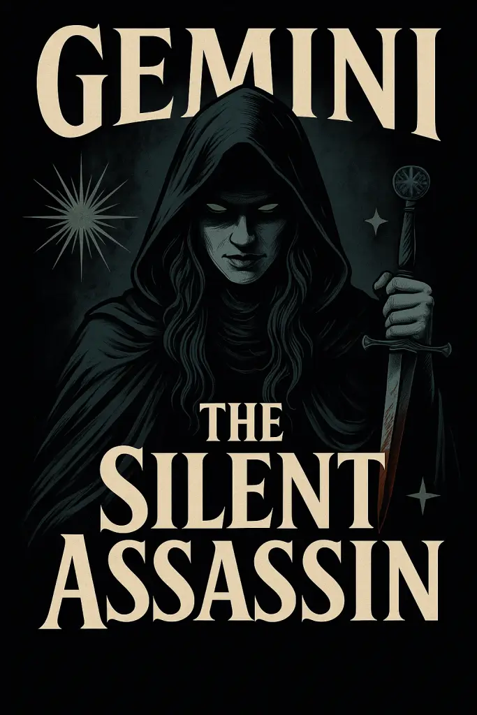 Dark fantasy illustration of Gemini as The Silent Assassin, a cloaked figure with glowing green eyes and a bloodied dagger, embodying deception and duality.