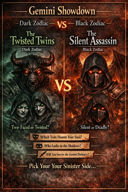 zodiac showdown Gemini pin featuring the Twisted Twins on one side and the Silent Assassin on the other.