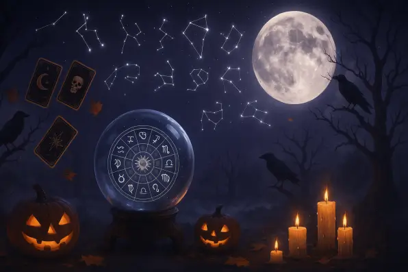 moon and pumpkins and candles with dark zodiac signs