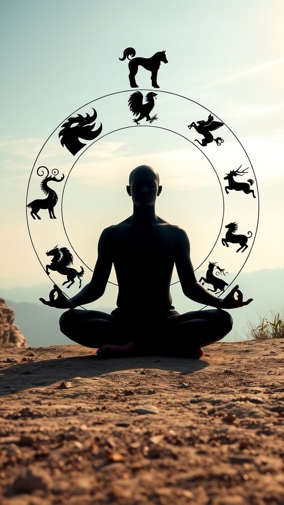 A silhouetted figure meditating with zodiac animals surrounding them on a serene landscape.