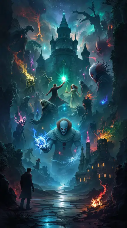 Epic dark fantasy castle surrounded by horror movie villains and supernatural spirits representing zodiac signs with glowing mystical energy and gothic architecture