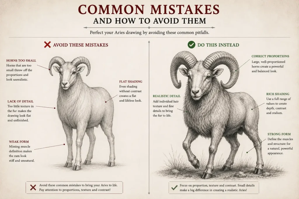 Side-by-side comparison showing common mistakes when drawing, including incorrect horn proportions and flat shading, alongside improved techniques with realistic texture, balanced anatomy, and detailed graphite shading.