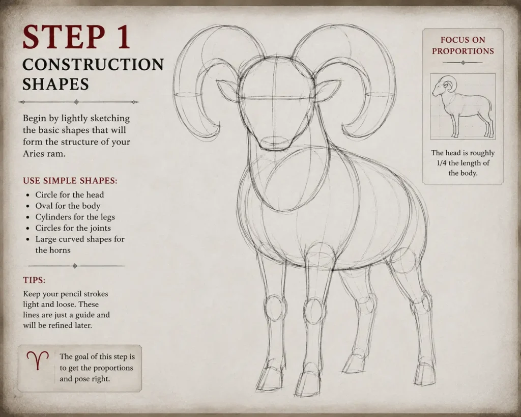 Step 1 of an Aries pencil drawing tutorial showing the basic construction shapes used to sketch a ram, including circles, ovals, leg guides, and curved horn outlines.