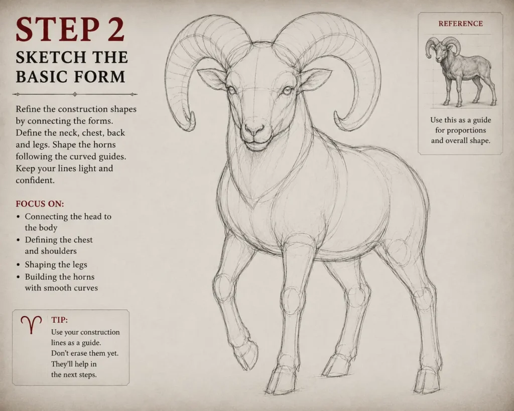 Step 2 of an Aries pencil drawing tutorial showing the ram's basic form refined from construction lines, with the body, legs, facial features, and spiral horns taking shape.
