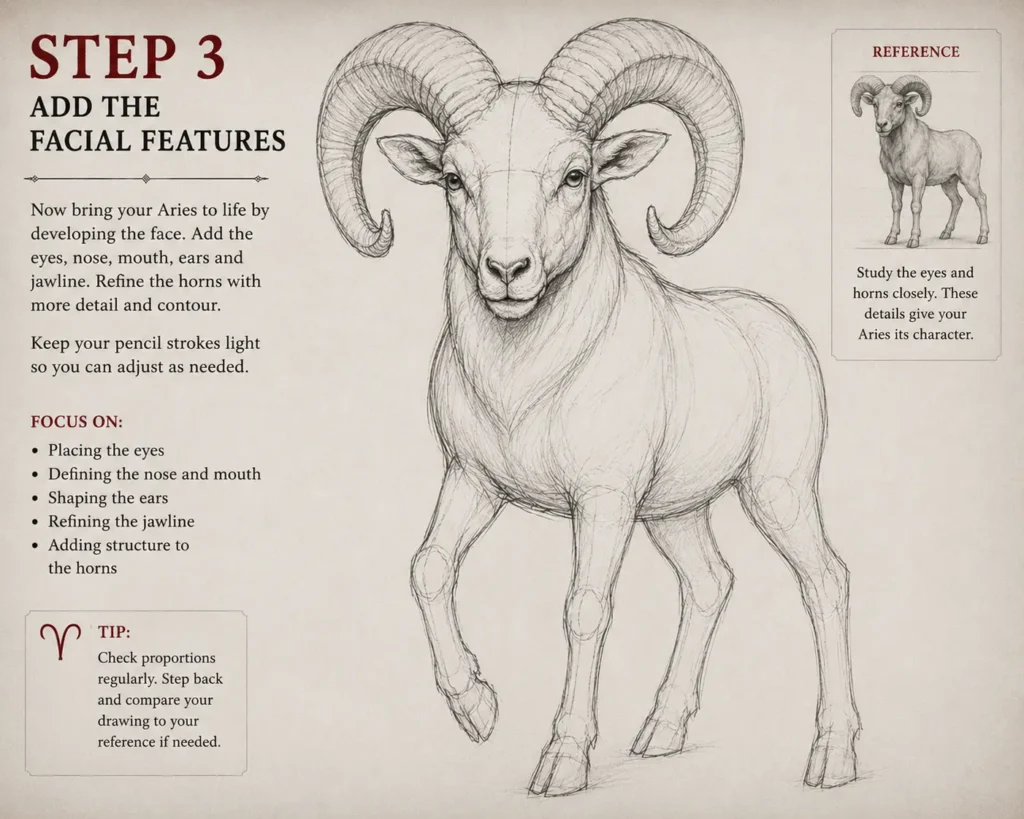 Step 3 of an Aries pencil drawing tutorial showing the ram's facial features taking shape, including the eyes, nose, ears, jawline, and detailed spiral horns before shading is added.