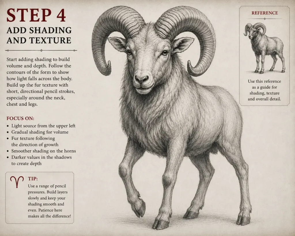 Step 4 of an Aries pencil drawing tutorial showing realistic graphite shading, fur texture, and detailed horns as the ram develops depth, contrast, and three-dimensional form.
