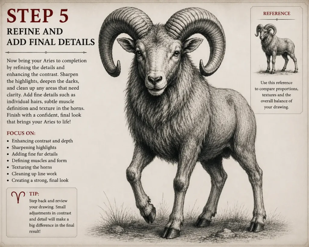 Step 5 of an Aries pencil drawing tutorial showing the completed ram with refined fur texture, realistic graphite shading, detailed spiral horns, and final highlights to create a finished zodiac illustration.