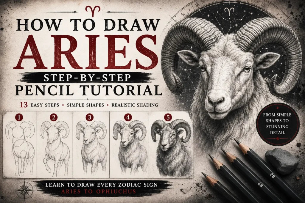 Step-by-step pencil tutorial showing how to draw the Aries ram, from simple construction shapes to a realistic graphite drawing with detailed shading and curved horns.