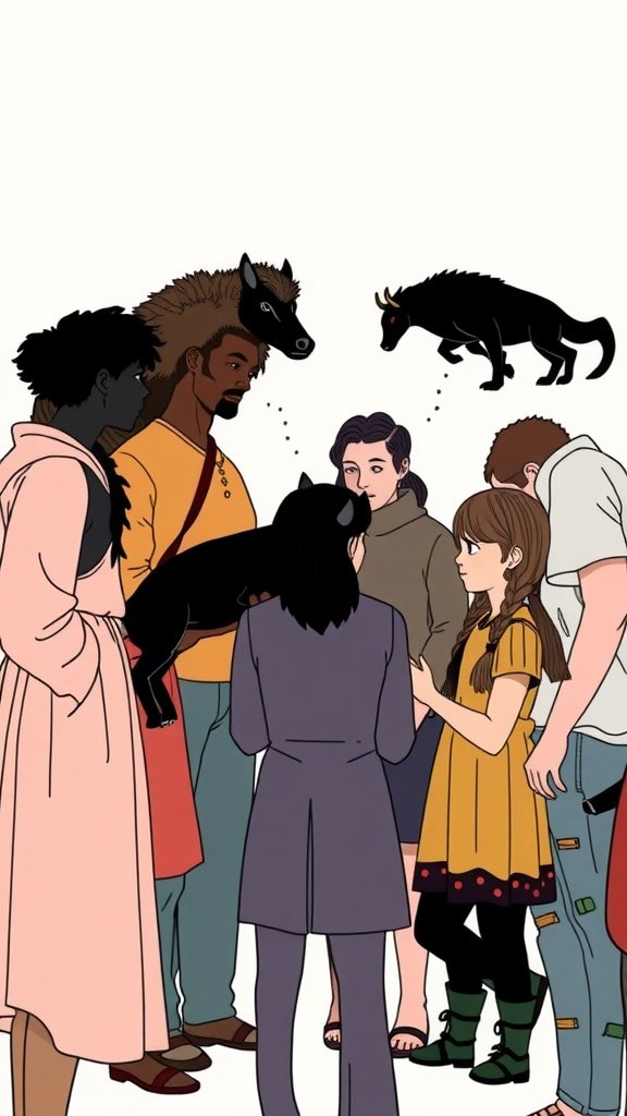 A group of people with black animals representing their zodiac signs, indicating how these signs influence relationships.