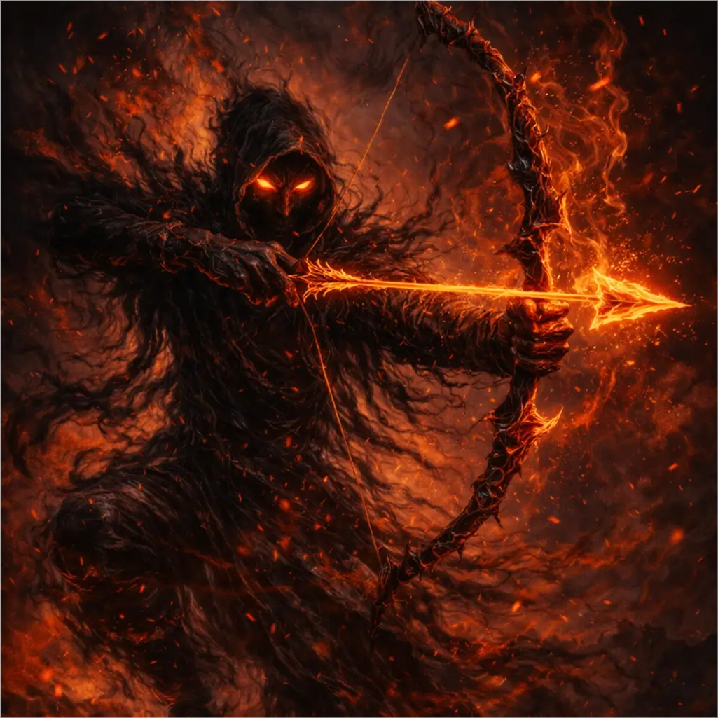 Shadowy archer‑like creature with a cracked bow and glowing ember‑orange eyes, symbolizing the Hunter of Shadows of the Dark Zodiac Sagittarius.