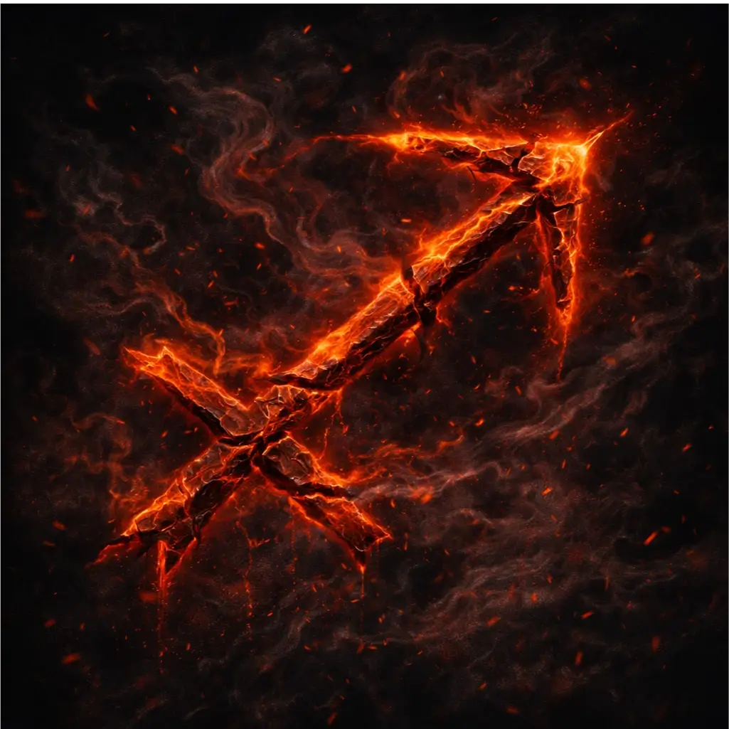 Corrupted Sagittarius sigil shaped like a jagged, broken arrow glowing ember‑orange and black.