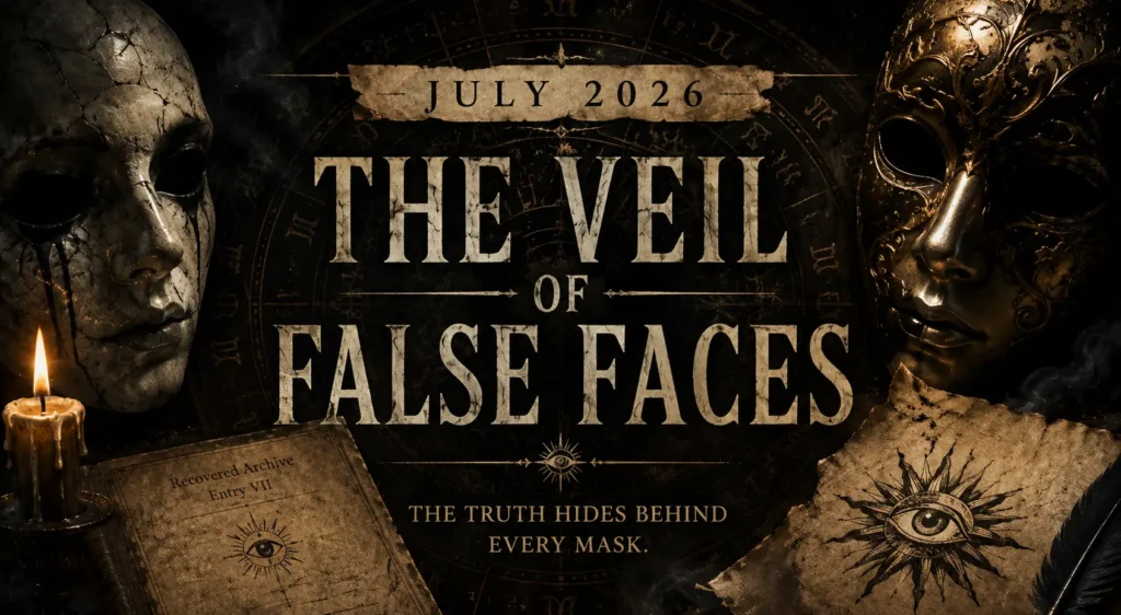 July 2026 Transmission feature image showing two ornate masks beneath a dark zodiac wheel representing the Veil of False Faces and the hidden truths behind deception.