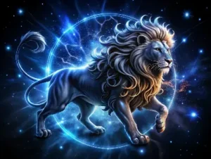 Golden lion with serpent eyes seated on a blood-stained throne beneath stars in the Leo Zodiac Sign.