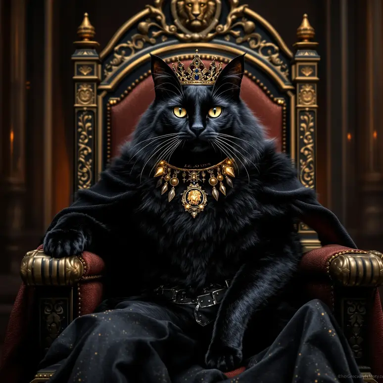 The Basilisk Leo black cat with regal majesty and royal bearing on ornate throne