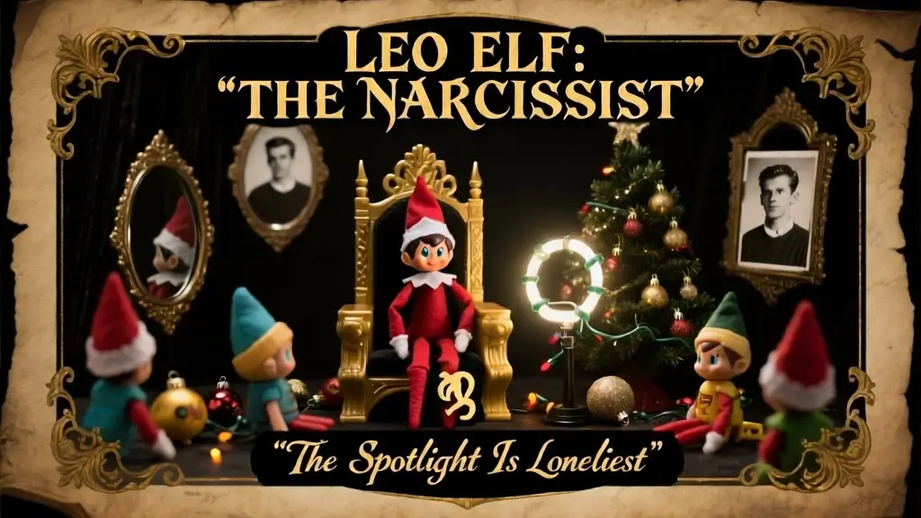 Leo Elf on the Shelf narcissist scenario with mirrors throne spotlight attention seeking