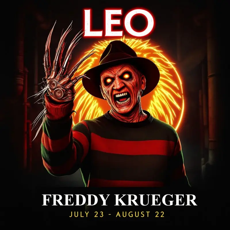 Leo horror movie characters: Freddy Krueger from A Nightmare on Elm Street - The Basilisk horror villain with lion symbol and bladed glove