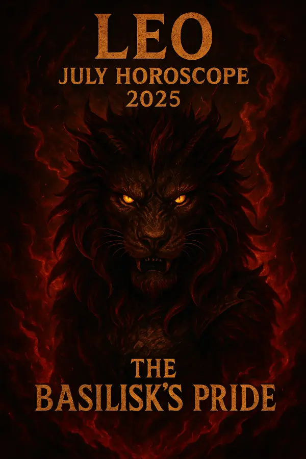Leo July Horoscope 2025 featuring a fierce lion with glowing eyes, surrounded by fiery flames and a dark, intense backdrop.