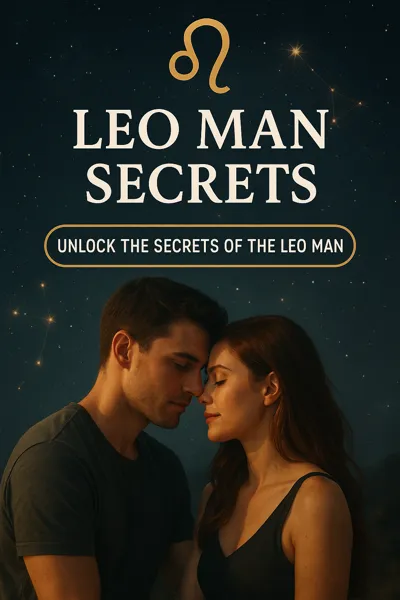 Zodiac Man Secrets - Passionate couple glowing in golden light beneath a fiery sky, symbolizing the pride and charisma of a Leo man.