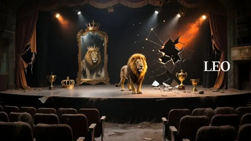 A November Horoscope Secrets image showing a majestic lion standing alone on an abandoned stage with broken spotlights flickering and dying out, the theater covered in dust with torn curtains. A massive mirror behind the lion reflects a vulnerable ordinary creature instead of a regal king. Shattered crowns and tarnished trophies litter the stage. Fading gold, tarnished bronze, dramatic blacks, and dying ember oranges capture the Leo theme of ego dissolution and confronting authentic self without external validation under November's judging moon.