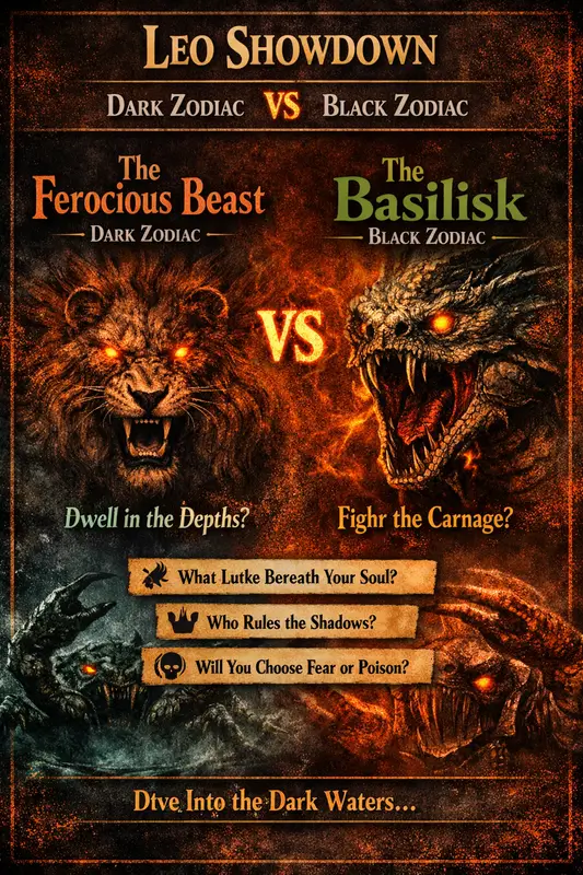 zodiac showdown Leo pin with a flaming lion battling a monstrous basilisk